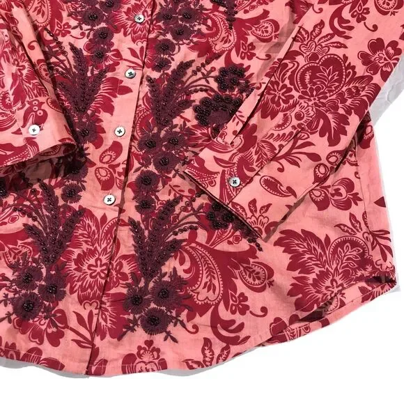 Sundance Embroidered Beaded Floral Button Up Shirt Top Pink Red Long Slveeve S - Picture 3 of 5